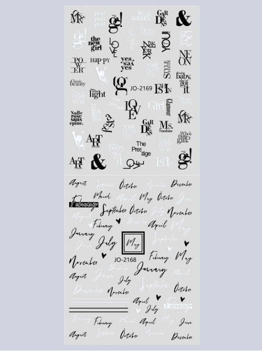 EBS Nail Art - Black and White Words Stickers Sheet (2pcs)