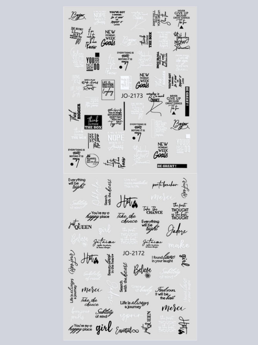 EBS Nail Art - Black and White Words Stickers Sheet (2pcs)