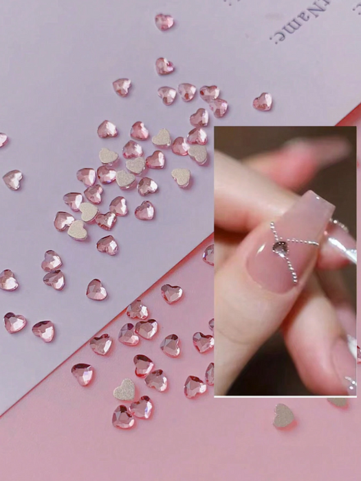 EBS Nail Art - Pink Flatback Heart Shaped Glass Rhinestones - 50pcs