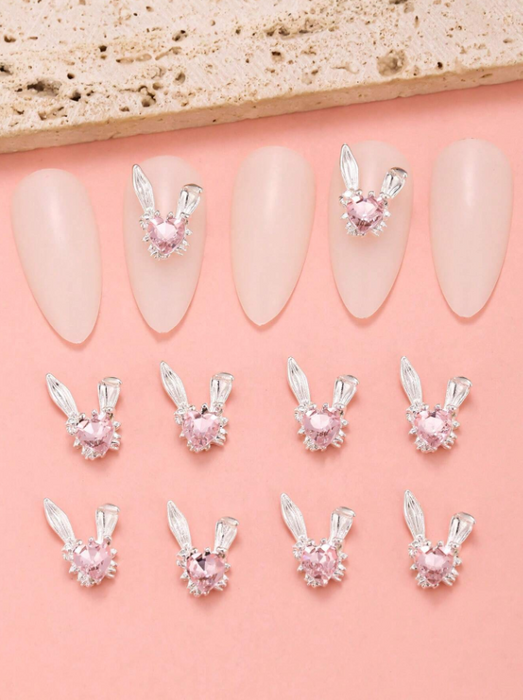 EBS Nail Art - Bunny Ears With Pink Heart Charms - 10pcs