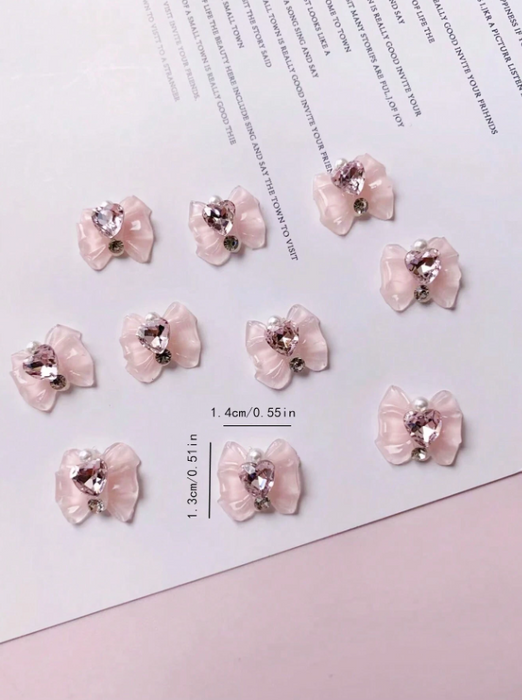 EBS Nail Art Charm - Pink Bow with Heart Shaped Crystal - 5pcs