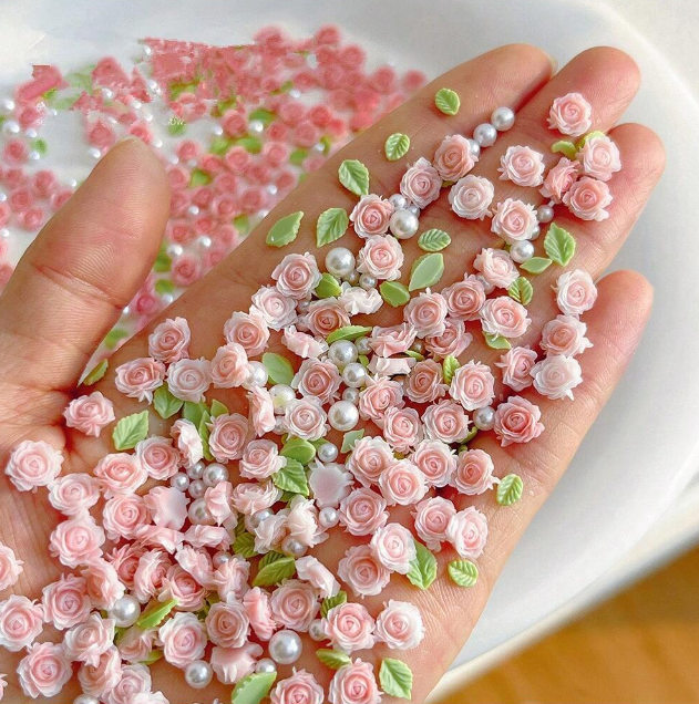 EBS Nail Art Charm - Mixed Pink Roses & Leaves Decorations- 20pcs